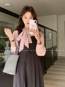IVY AIWEI艾薇新款韩系复古系带衬衫方领气质修身连衣裙两件套装