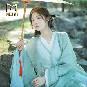 素青绿色魏晋制汉服女超仙气飘逸直裾交领广袖流仙裙中国风古装夏