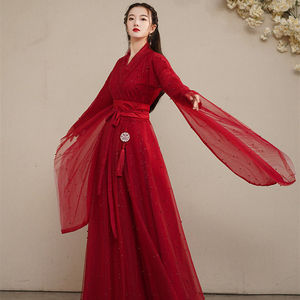 原创大红色汉服女薄纱超仙气齐腰襦裙大袖衫古装连衣裙表演服春季
