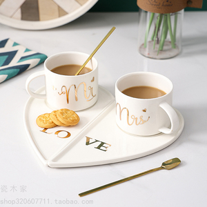JIALICMJ新品陶瓷咖啡杯碟创意情侣对杯黑白色心形碟下午茶茶杯