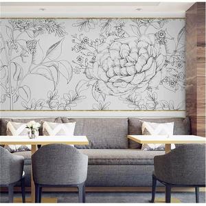 欧式清新素描多肉花卉植物壁画黑白简约墙纸卧室客厅办公室壁纸3d