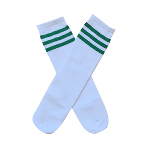 儿童中筒袜白色底绿色条纹及膝小腿袜六一舞蹈表演袜运动足球袜子