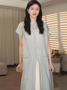 韩系chic肌理高级感条纹连衣裙女夏季法式中长款直筒显瘦衬衫裙子