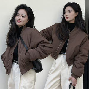 韩系美式复古加厚夹棉飞行员棒球服外套女秋冬季休闲短款棉衣棉服