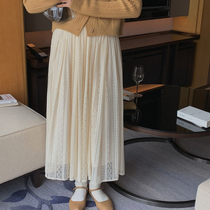 蕾丝半身裙女百褶高腰浅色显瘦中长款气质a字镂空超仙纱裙伞裙子