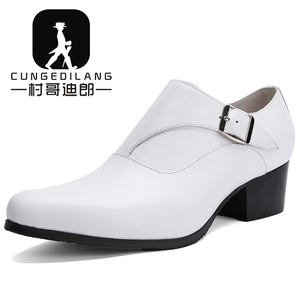 村哥迪郎男士白色皮鞋真皮尖头高跟发型师个性鞋子时尚潮流增高鞋
