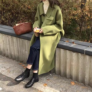 芥末绿经典双排扣风衣女中长款2021春秋韩版休闲气质过膝宽松外套