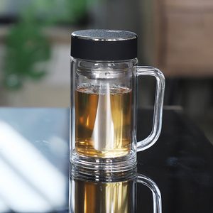 水晶双层带把手玻璃杯水杯男士泡茶杯办公室杯子女定制logo大容量