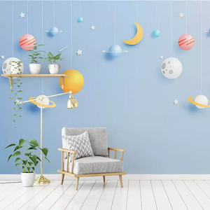 简约可爱男孩儿童房墙纸可同主题背景墙卧室壁画幼儿墙布星空壁纸