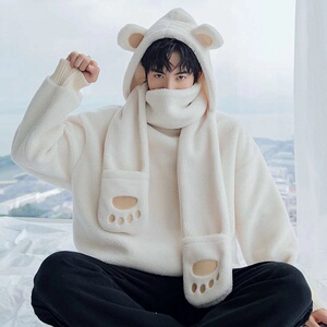 冬季情侣韩版慵懒风可爱熊耳朵上衣男带围巾帽子可拆卸连帽卫衣