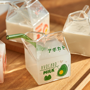 肆月玻璃方形牛奶盒可微波炉加热早餐牛奶杯儿童喝奶水杯吸管杯子