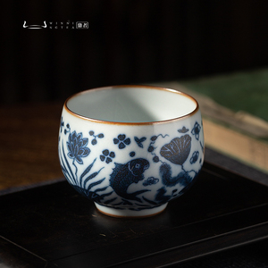 问鼎鼎者汝窑大如是杯鱼藻纹陶瓷主人杯品茗杯个人杯手工功夫茶杯