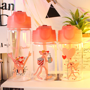 粉红豹吸管玻璃杯创意可爱便携水杯女学生清新果汁杯 送布套