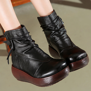 秋冬原创复古厚底短靴女士真皮百搭舒适坡跟单靴手工休闲大头皮鞋