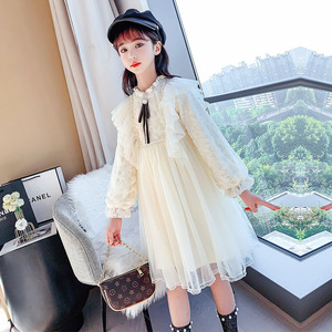 女童连衣裙冬季长袖加绒网纱蕾丝红色公主裙大童女孩儿童冬裙洋气