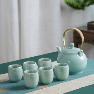 陶瓷大容量茶壶青瓷哥窑茶壶一壶六杯套装家用提梁壶冰裂水杯茶具