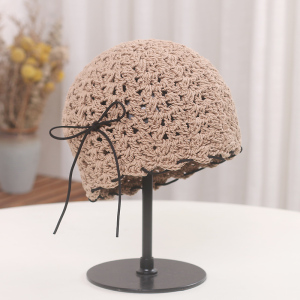 帽子女春秋新款手工钩织瓜皮渔夫帽日系简约文艺气质蝴蝶结包头帽
