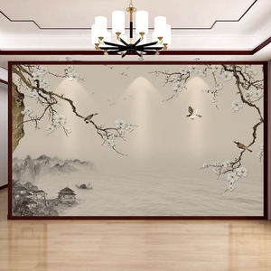 中式梅花电视背景墙壁纸典雅山水沙发壁画卧室工笔花鸟影视墙壁布