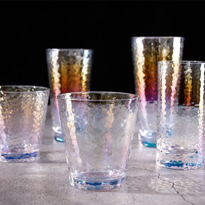 彩虹离子镀锤纹玻璃杯水晶玻璃水杯茶杯啤酒杯果汁杯饮料杯子家用