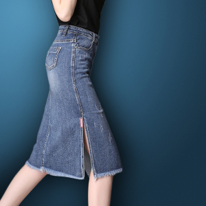 侧边开叉a字裙百搭牛仔半身裙女2023年夏季高腰休闲裙中长款过膝
