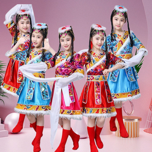 六一儿童藏族舞蹈演出服水袖藏服舞台装少数民族表演服饰男女合唱