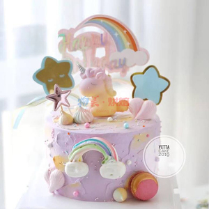 生日蛋糕装饰粉蓝七彩马摆件小孩蛋糕烘焙炫彩小马独角兽装饰配件