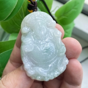天然精雕冰糯种翡翠a货玉文财神吊坠挂件 缅甸玉石男女士款项链