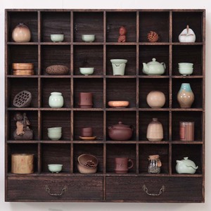 实木挂墙博古架抽屉式茶杯架茶叶柜茶壶展示架茶具架摆件格子架子