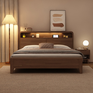 北欧实木床简约现代胡桃色主卧床1.8米床1.5双人床全实木婚床大床