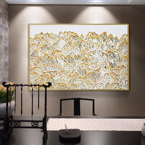 新中式客厅背景墙画群山连绵雕刻沙岩立体画手绘肌理画样板房挂画
