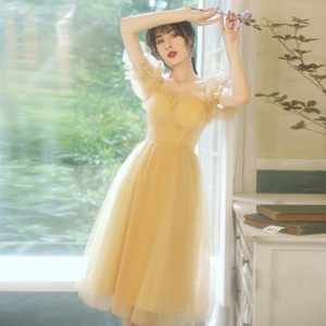 小个子晚礼服裙女气质黄色生日艺考伴娘服平时可穿主持人成人礼服