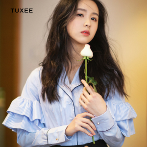 tuxee19春秋新春陈都灵明星抖音同款蓝色条纹百搭显瘦长袖衬衫