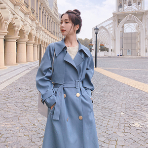 雾霾蓝风衣外套女春秋2021年新款中长款韩版宽松休闲垂感过膝大衣