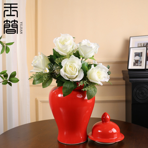 新中式样板房民宿酒店客厅玄关红色陶瓷花瓶摆件将军罐落地大花器