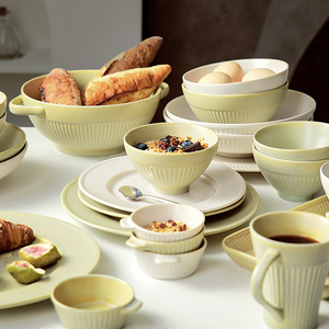 家用饭碗简约复古彩釉轻奢陶瓷餐具创意浅色高脚碗防烫早餐燕麦碗