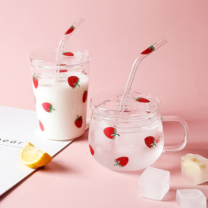 可爱少女心草莓吸管杯网红ins风创意韩版玻璃水杯大人奶茶果汁杯