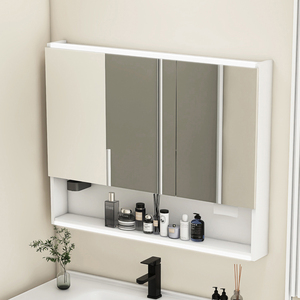 智能美妆收纳镜柜卫生间镜前柜带灯挂墙实木半封镜箱浴室镜柜单独