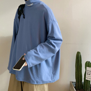 雾霾蓝色半高领卫衣男潮ins春秋季情侣装roora外套oversize打底衫