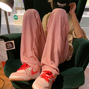 粉色裤子日系慵懒坠感冰丝男裤夏季薄款休闲长裤高个子180超长裤