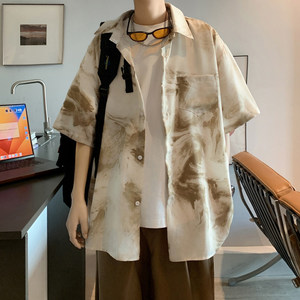 咖啡色古巴领冰丝短袖衬衫男夏季日系cityboy扎染衬衣七分袖外套