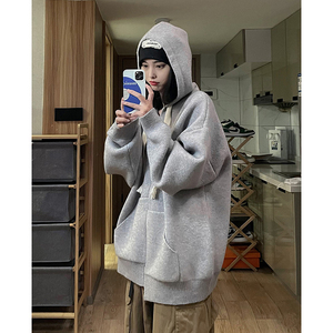 美式复古毛衣秋款情侣装外套oversize日系慵懒风戴帽子针织卫衣女