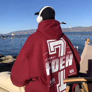 酒红色600g重磅卫衣男春秋季连帽硬挺高街美式复古暗红色外套潮牌