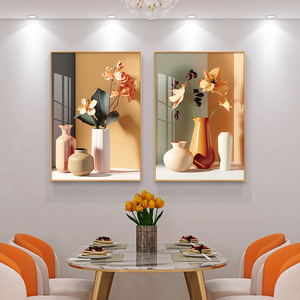 现代简约餐厅装饰画轻奢酒杯花卉饭厅挂画客厅餐桌背景墙两联壁画