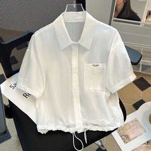 白色短袖衬衫女夏时尚洋气POLO领休闲宽松衬衣抽绳设计感小众上衣