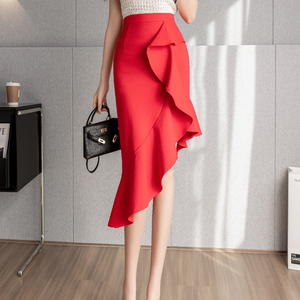 新年红色荷叶边不规则半身裙女春夏中长款小众设计性感包臀鱼尾裙