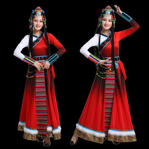 新款藏族服装红色舞蹈演出服女少数民族草原舞蹈服卓玛水袖大摆裙