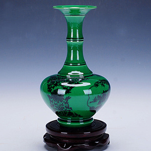 218景德镇陶瓷 仿古开片釉中式绿釉花瓶 家居摆件艺术品瓷器
