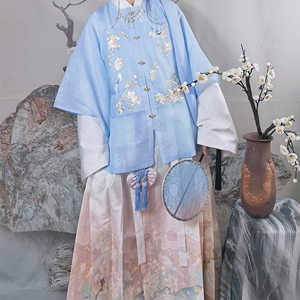 九袂原创汉服女秋意浓明制方领琵琶袖马面裙三件套秋冬国风蓝色