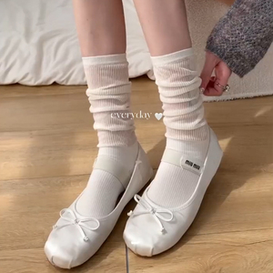 芭蕾风中筒袜子女春夏薄款袜半透明小腿堆堆袜miu细条纹白色甜美