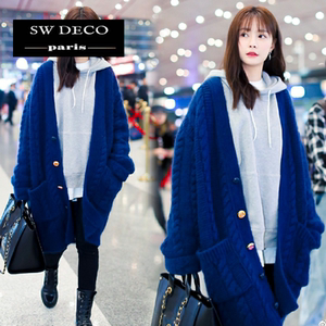 新款 正品沈梦辰明星同款衣服蓝色毛衣中长款宽松针织开衫外套女